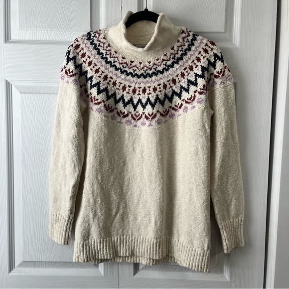 L.L. Bean Cotton Ragg Sweater, Funnelneck Pullover Fair Isle large - Picture 2 of 8